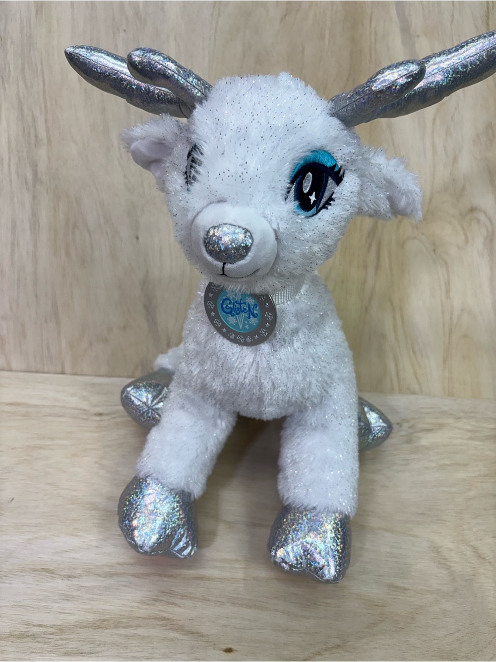 Build A Bear Workshop Sparkling White GLISTEN REINDEER with Blue Bow